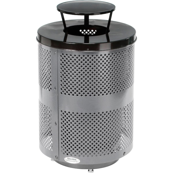 Global Industrial Outdoor Perforated Steel Trash Can W/Rain Bonnet Lid & Base, 36 Gallon, Gray 261927GYD - main